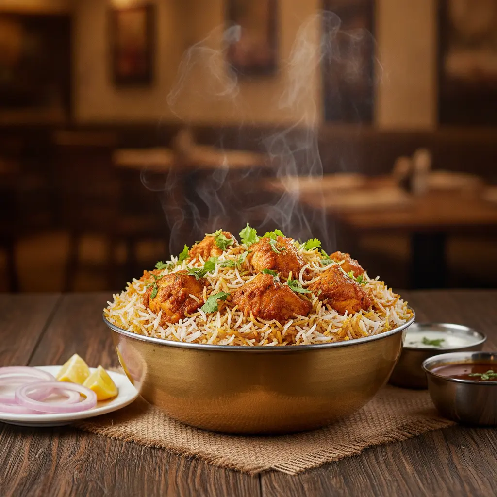 AI Generated Boneless Chicken Biryani in Restaurant Setting
